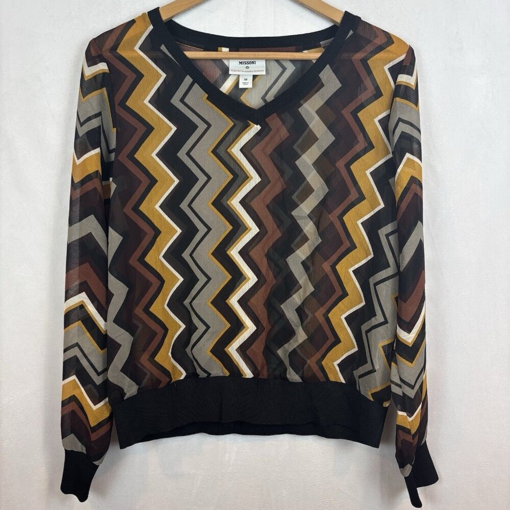 Missoni for Target Women's black brown geometric Artsy sheer blouse size Medium